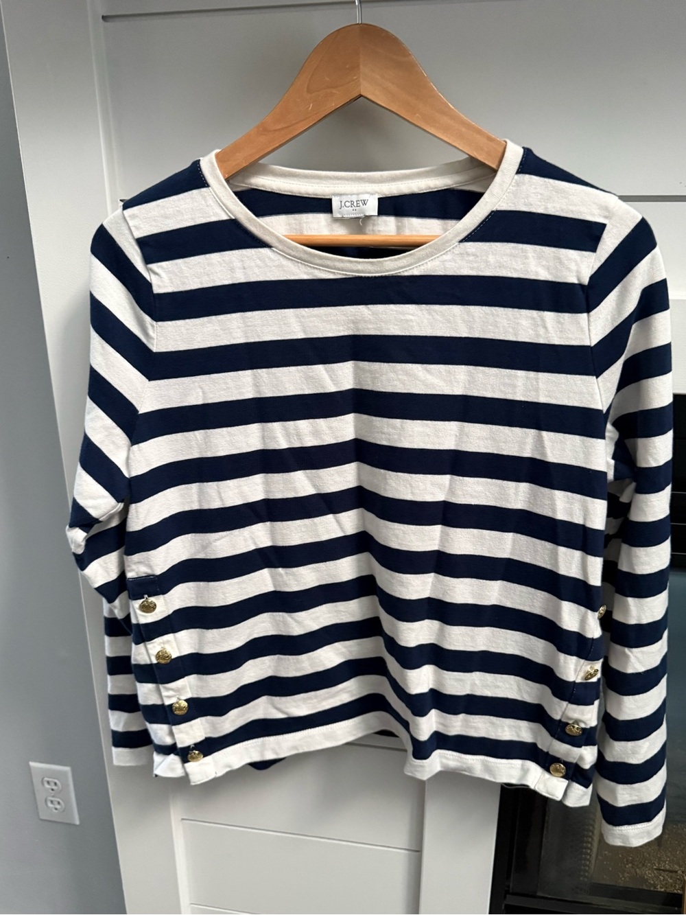 J.Crew Navy and White Striped gold Button-Accent Top size Medium Nautical thick